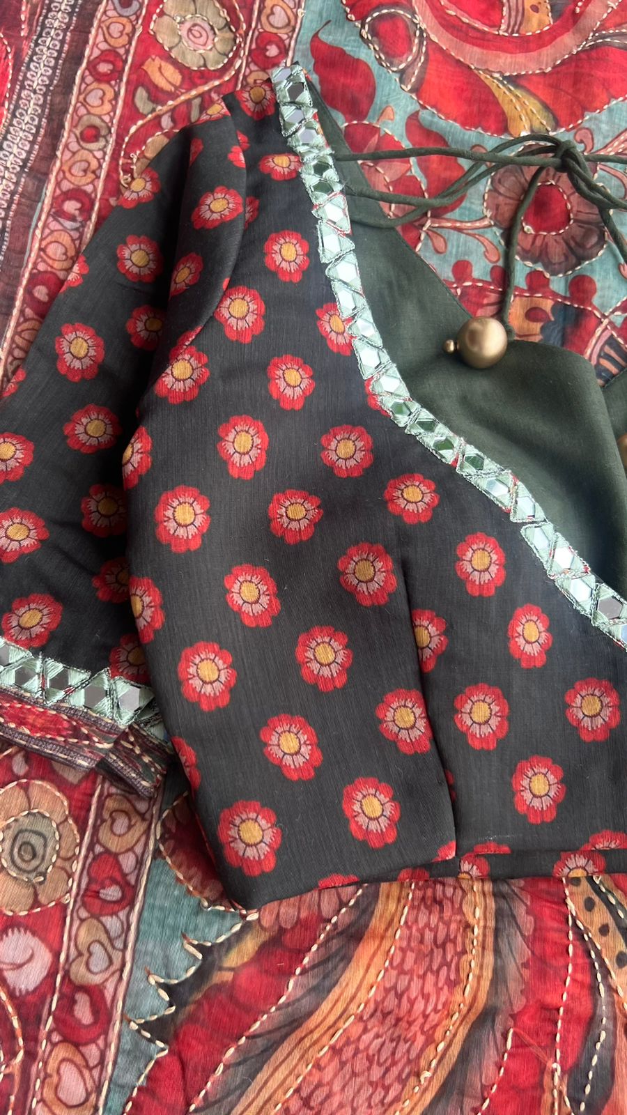 Deep green chanderi kalamkari saree with mirror worked blouse