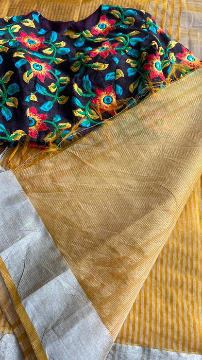Mango yellow chanderi saree with embroidery blouse