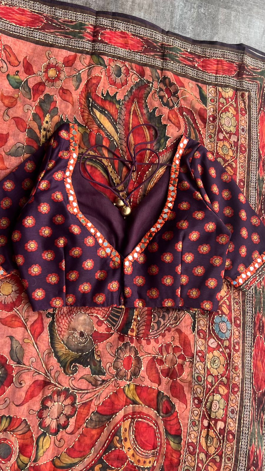 Brown chanderi kalamkari saree with mirror worked blouse