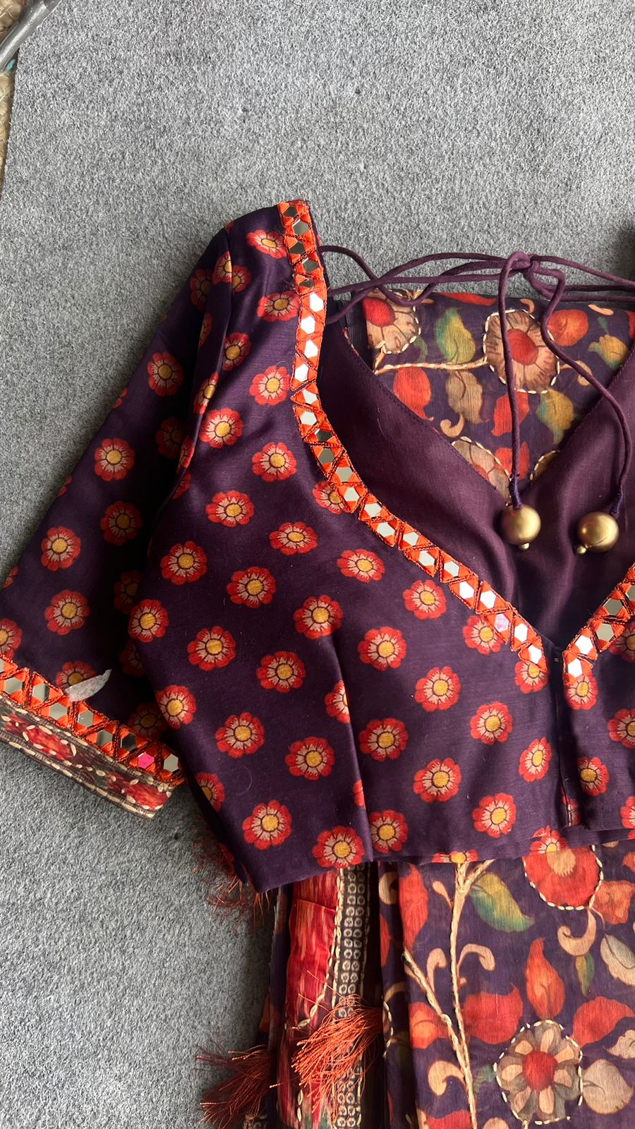 Brown chanderi kalamkari saree with mirror worked blouse