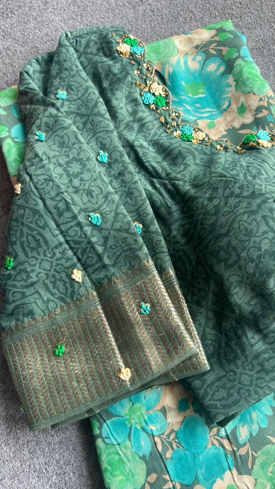 Grey blue floral soft silk saree with hand work blouse