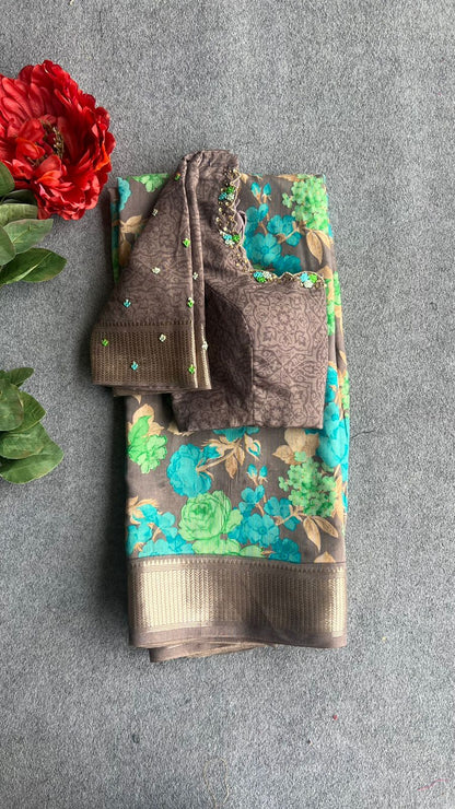 Grey green blue floral soft silk saree with hand work blouse