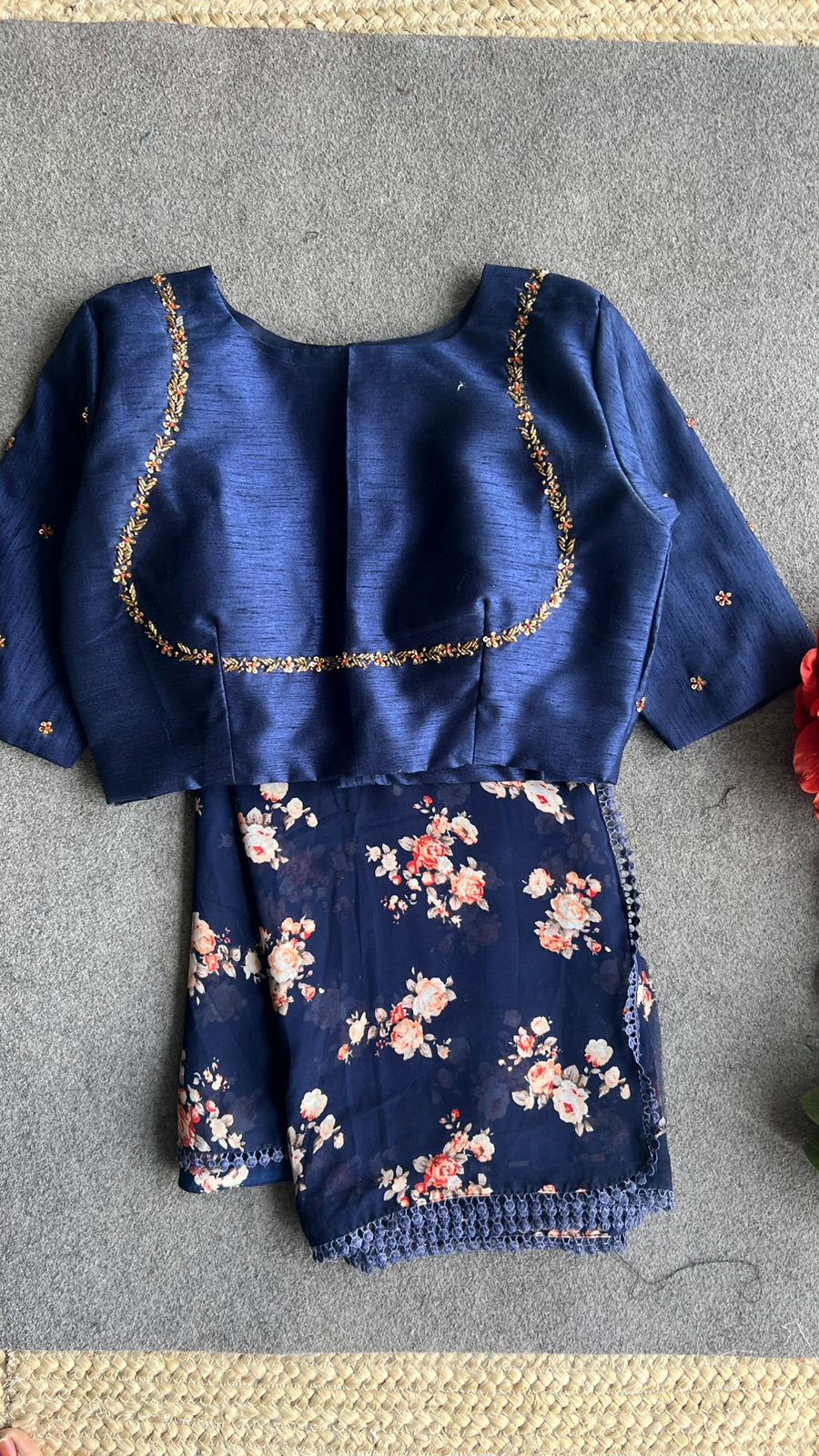 Midnight blue silk jeweled hand work blouse ( only blouse )