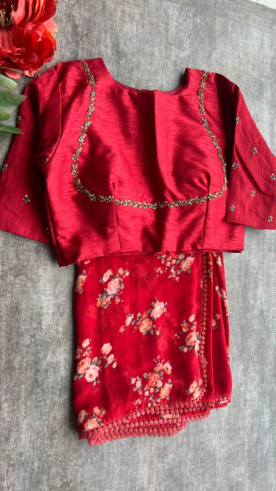 Maroon silk jeweled hand work blouse ( only blouse )