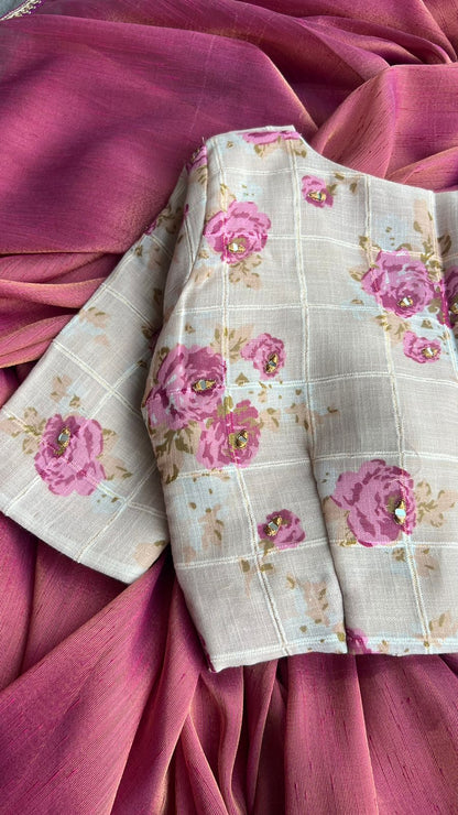 Pink soft tissue saree with cotton embroidery blouse