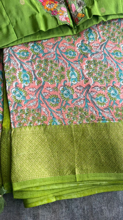 Pink floral chanderi saree with embroidery blouse