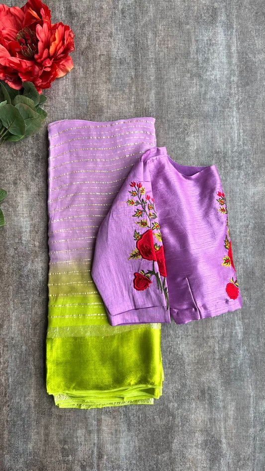 Ombre lavender green saree with silk embroidery blouse
