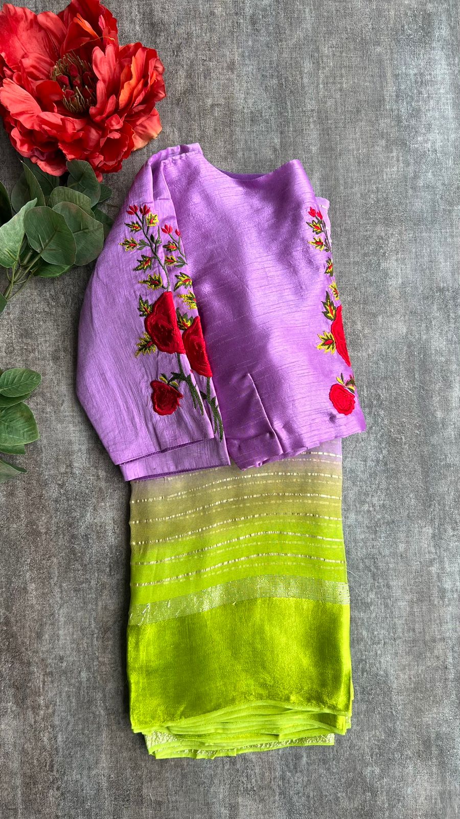Ombre lavender green saree with silk embroidery blouse