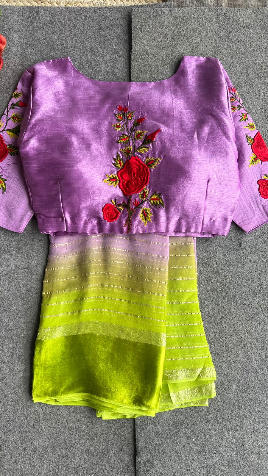 Ombre lavender green saree with silk embroidery blouse