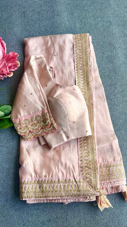 Peach soft silk saree with hand worked blouse
