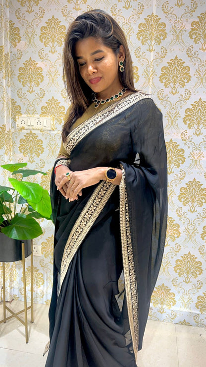 Black jute saree with varanasi gold tissue blouse