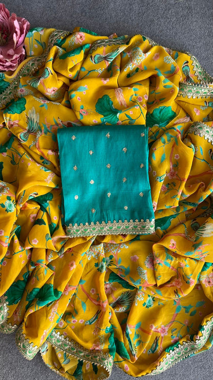 Yellow modal floral saree with blouse