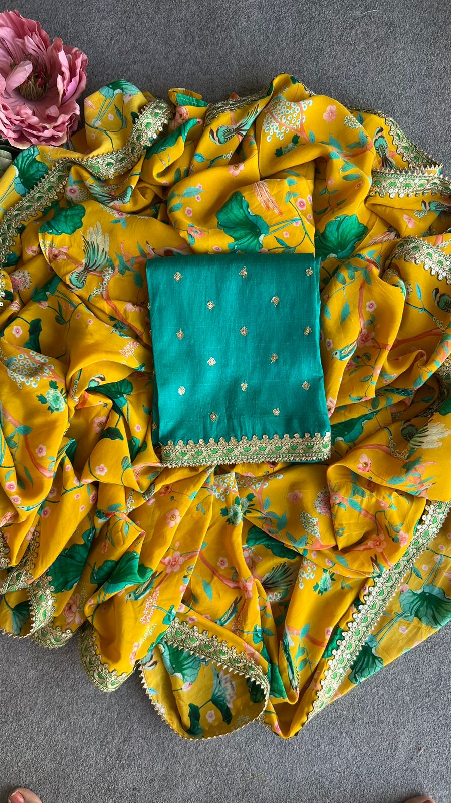Yellow modal floral saree with blouse