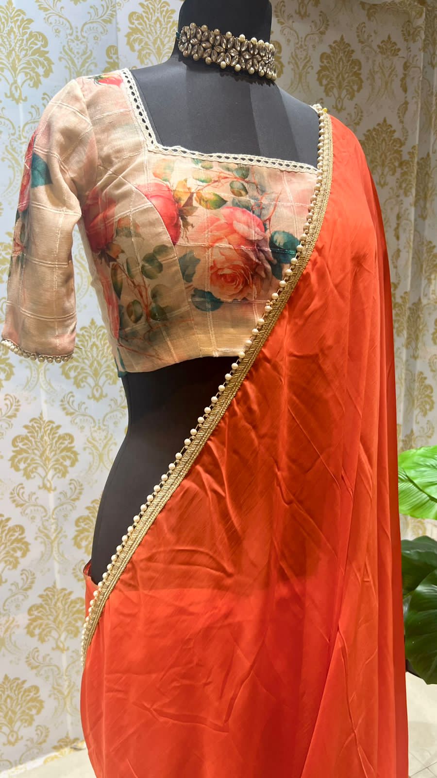 Orange chiffon saree with chanderi cotton blouse