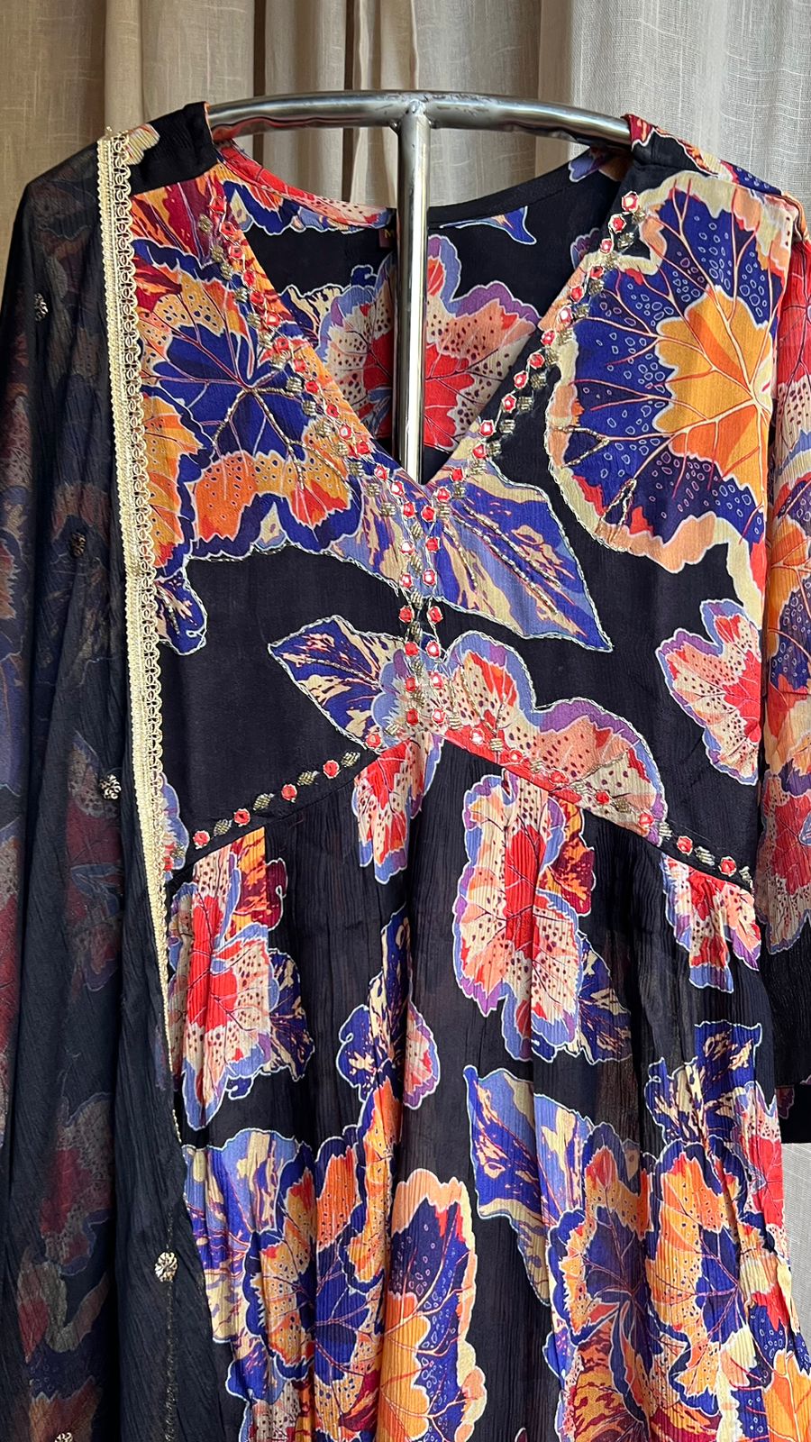 Black & violet floral printed 3 piece alia cut kurti suit