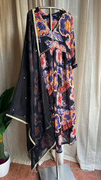 Black & violet floral printed 3 piece alia cut kurti suit