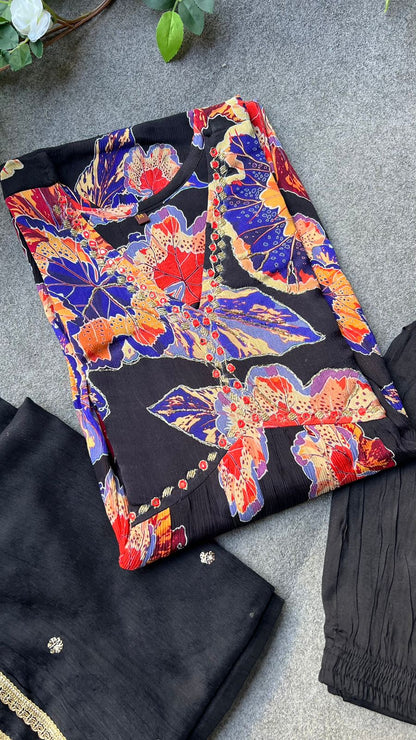 Black & violet floral printed 3 piece alia cut kurti suit