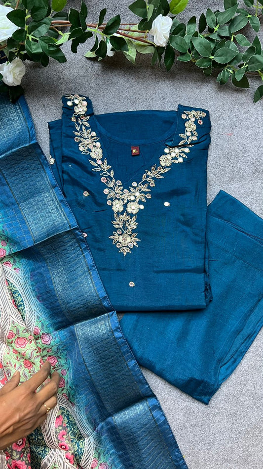 Blue silk hand made 3 piece kurti suit