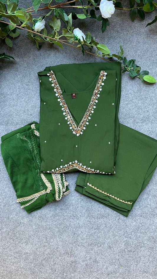 Mehandhi green silk 3 piece kurti suit