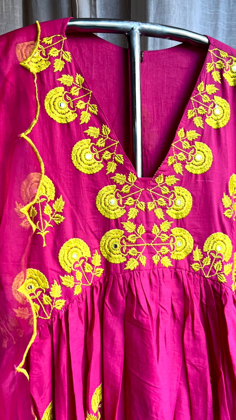 Pink cotton embroidery worked 3 piece kurti suit