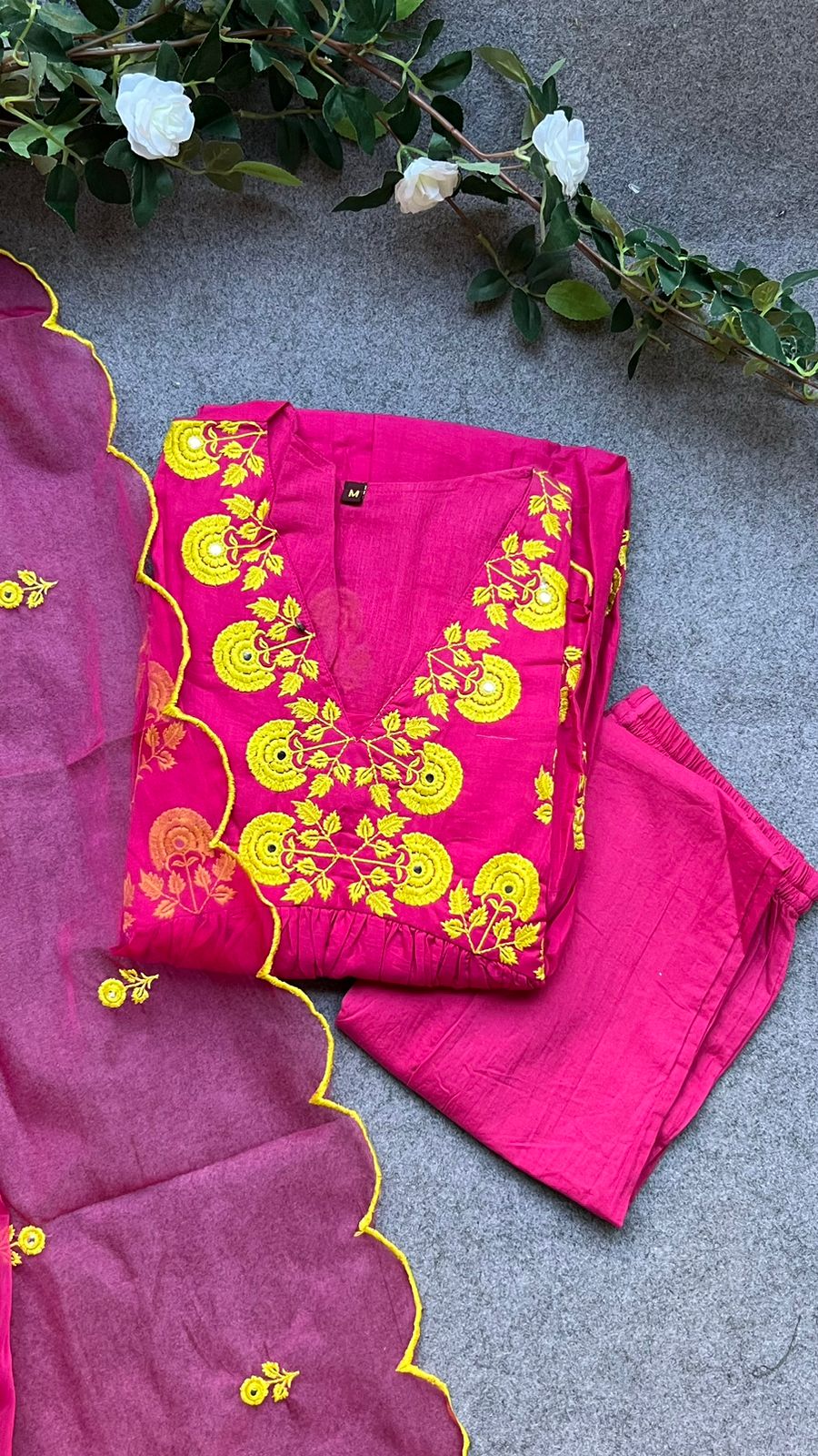 Pink cotton embroidery worked 3 piece kurti suit