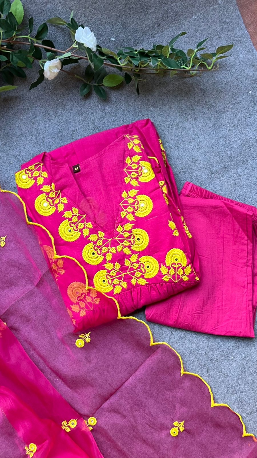 Pink cotton embroidery worked 3 piece kurti suit