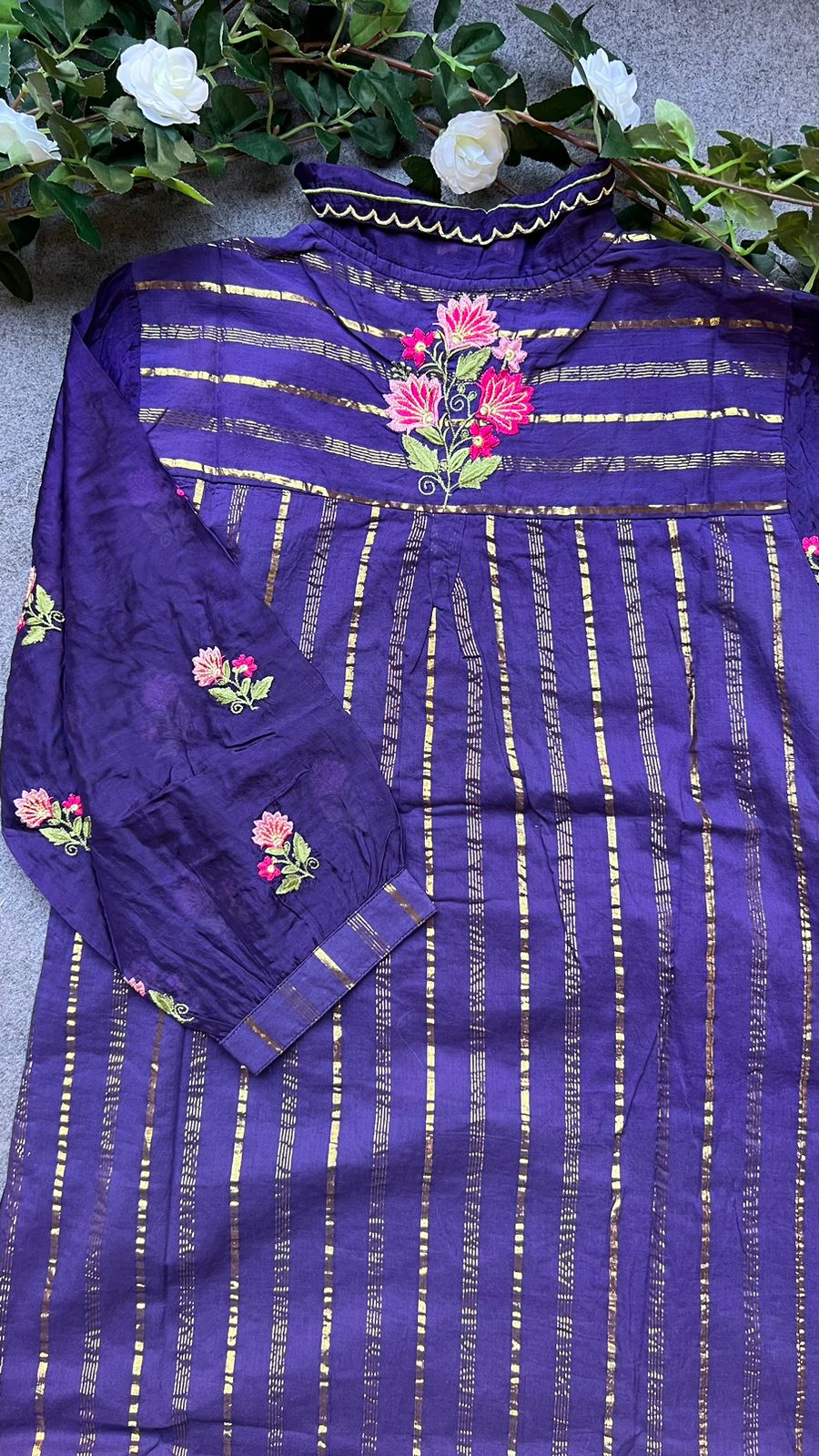 Purple stripped embroidery 2 piece kurti dress