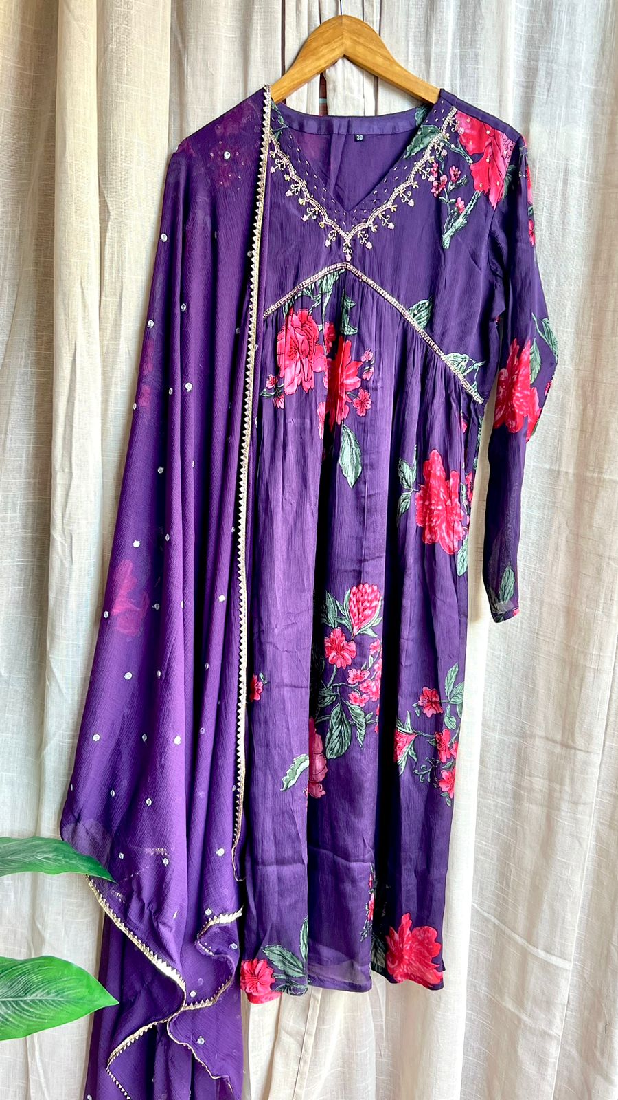 Purple Chinnon floral printed 3 piece alia cut kurti suit