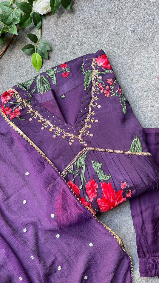 Purple Chinnon floral printed 3 piece alia cut kurti suit