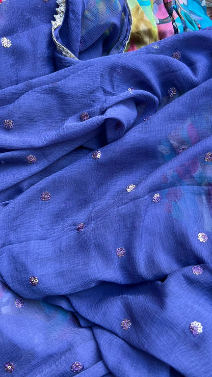Blue muslin floral printed 3 piece alia cut kurti suit