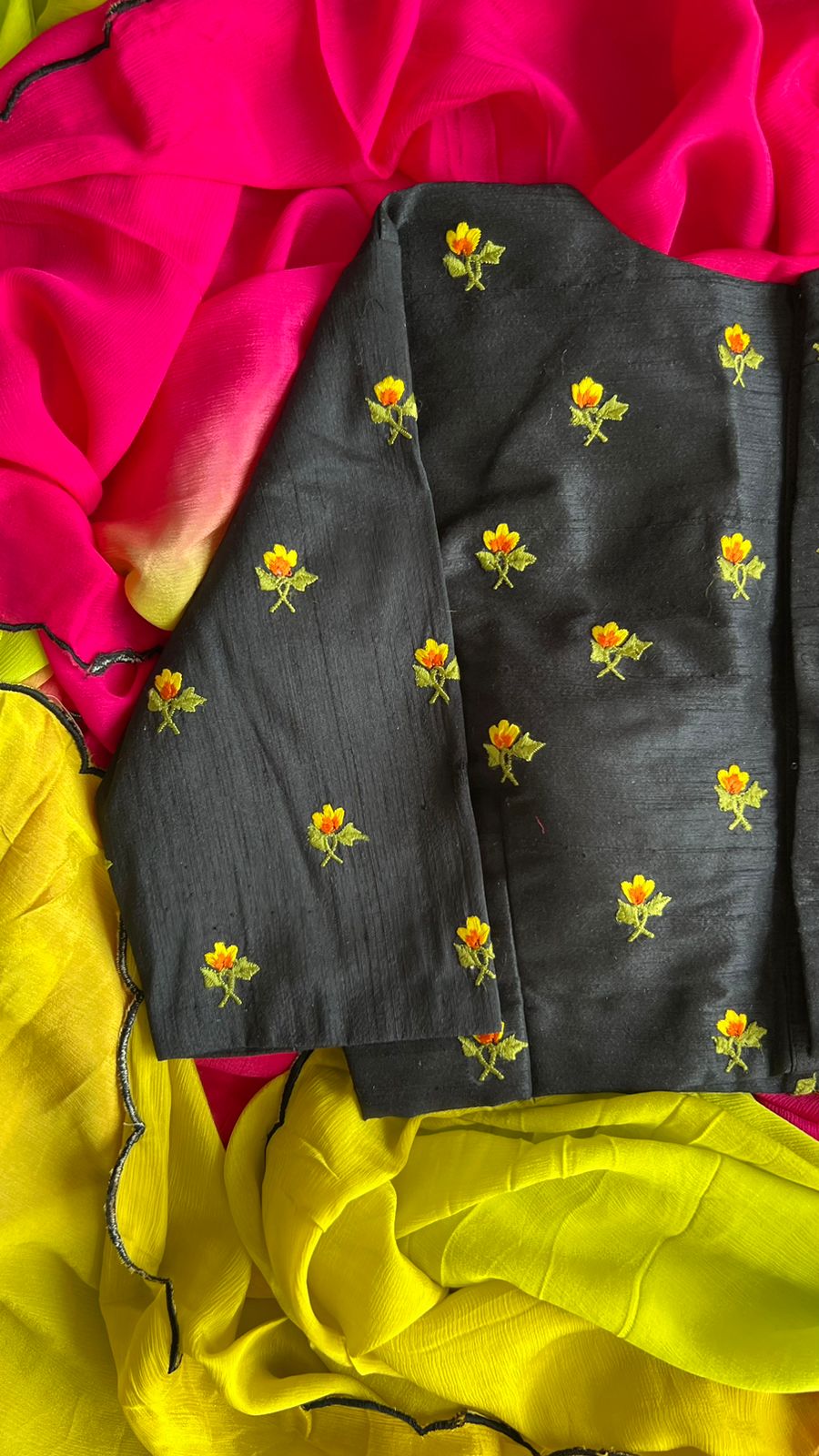 Pink & lemon chinnon saree with embroidery blouse