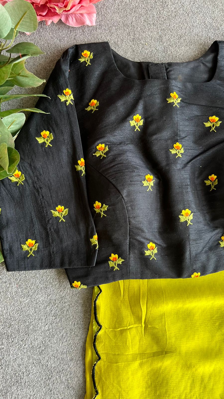 Black silk floral embroidery work blouse ( only blouse )