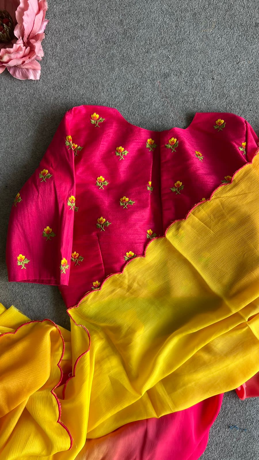 Pink Yellow chinnon saree with embroidery blouse