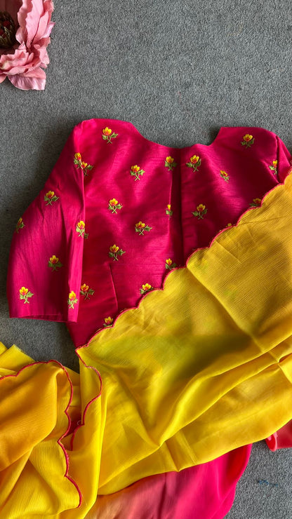 Pink Yellow chinnon saree with embroidery blouse