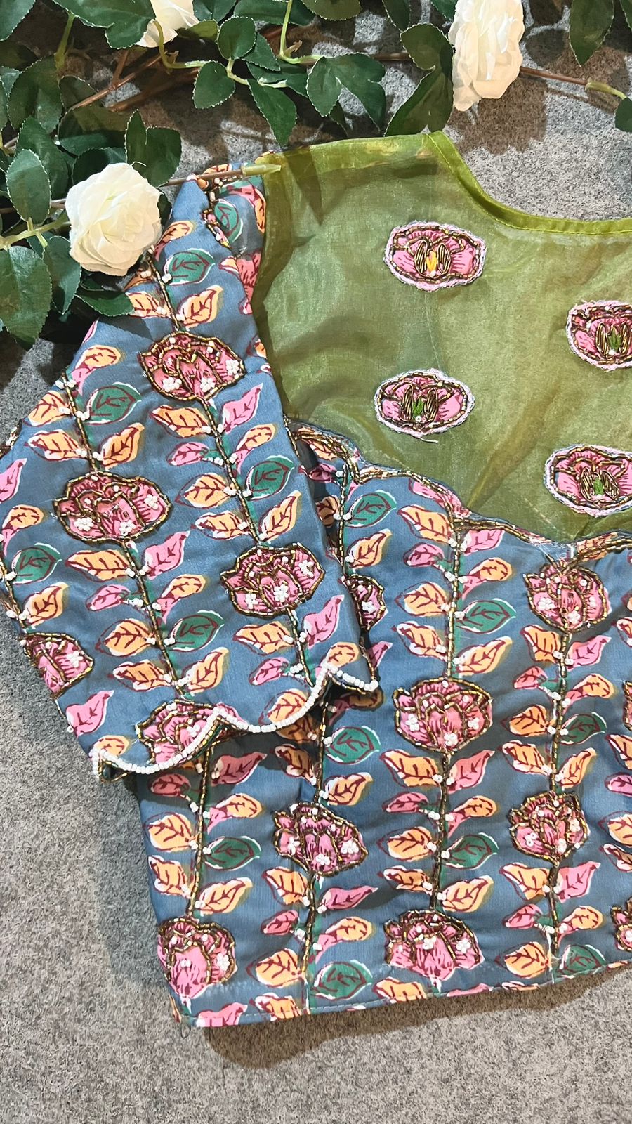 Green soft organza saree with cotton handwork blouse