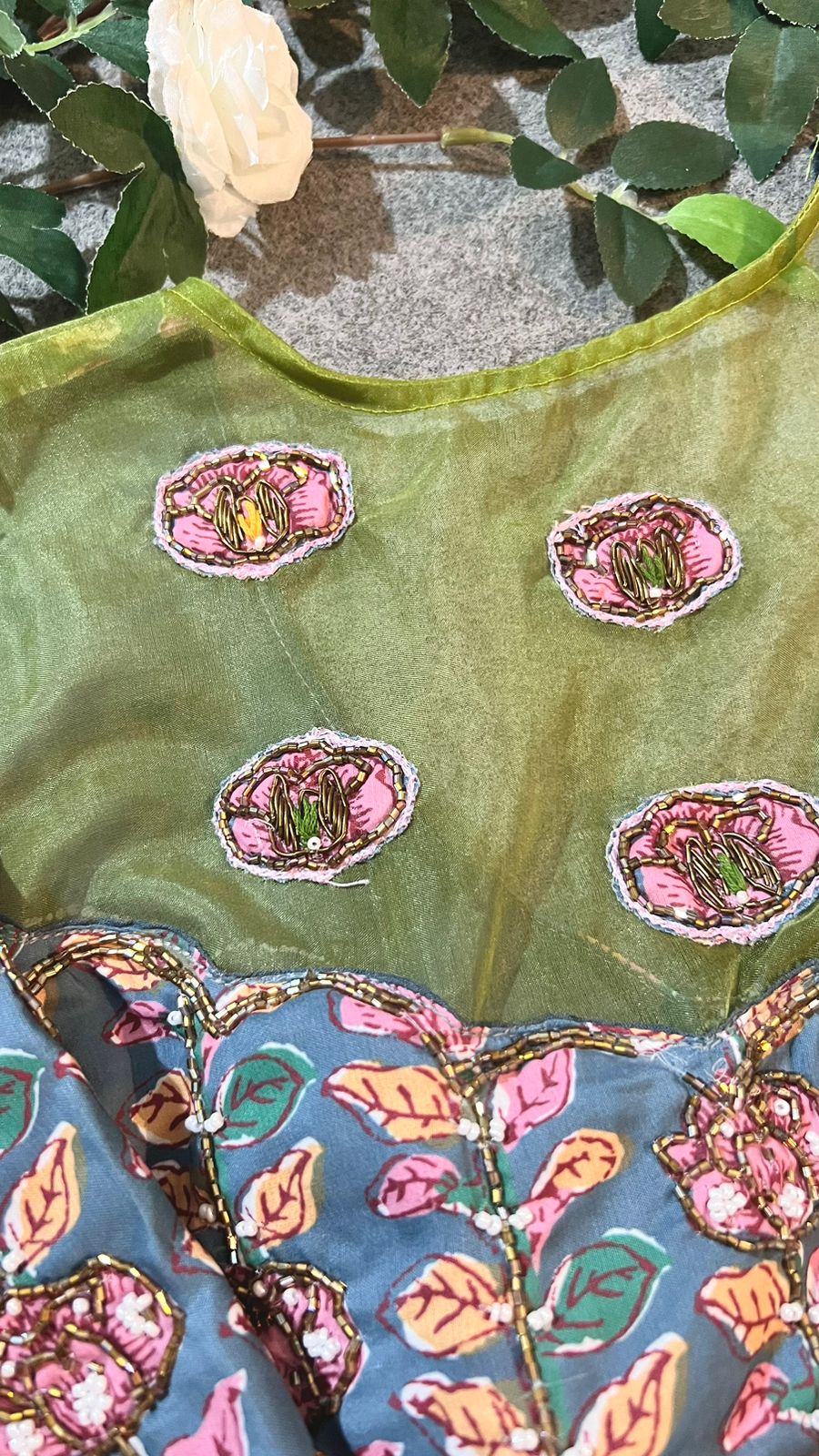 Green soft organza saree with cotton handwork blouse