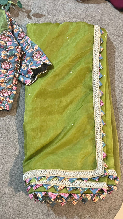 Green soft organza saree with cotton handwork blouse