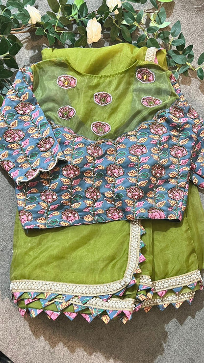 Green soft organza saree with cotton handwork blouse