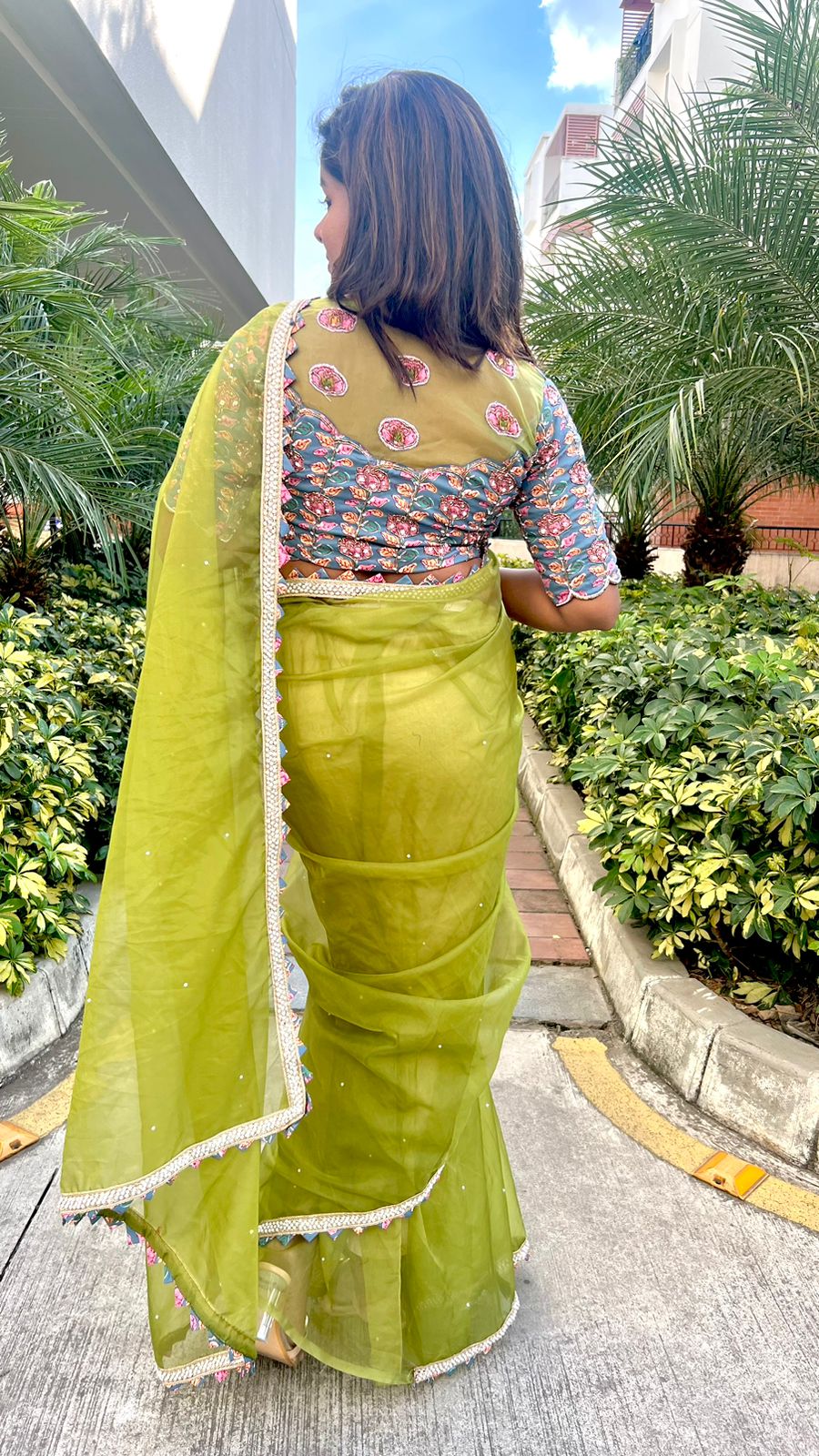 Green soft organza saree with cotton handwork blouse
