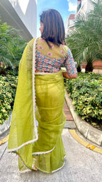 Green soft organza saree with cotton handwork blouse