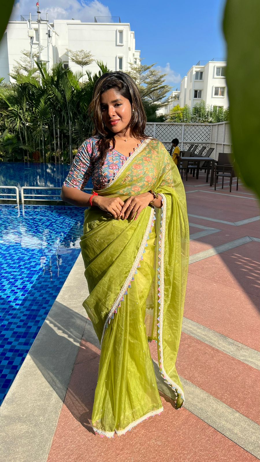 Green soft organza saree with cotton handwork blouse
