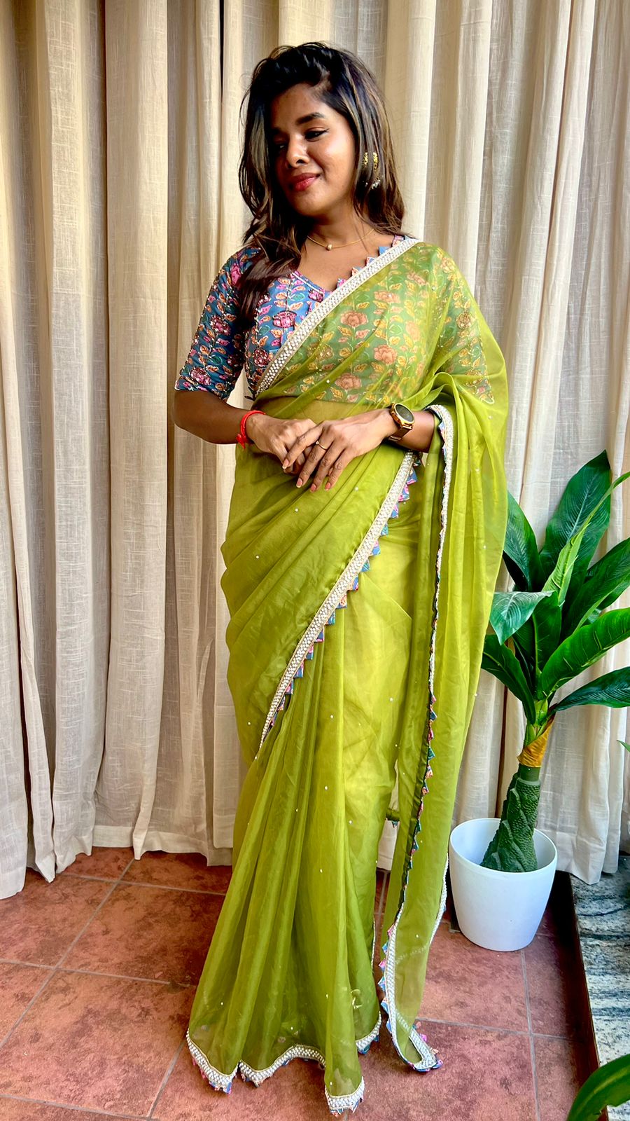 Green soft organza saree with cotton handwork blouse