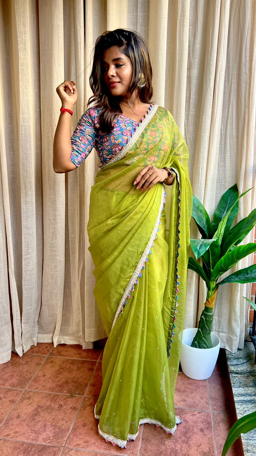 Green soft organza saree with cotton handwork blouse