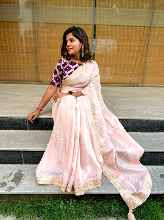Peach soft silk saree with banarasi blouse
