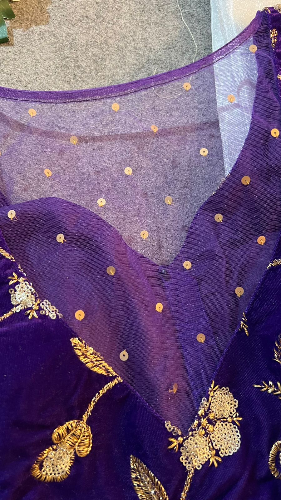 Silver silk saree with purple hand work blouse