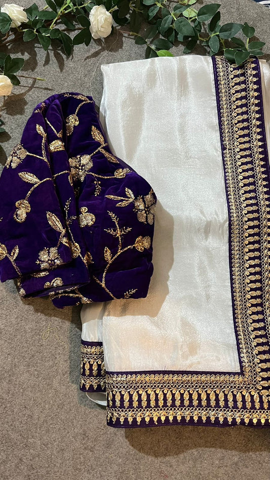 Silver silk saree with purple hand work blouse