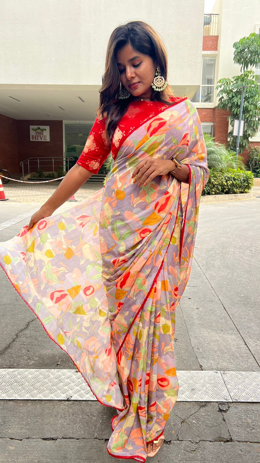 Grey floral soft organza saree with banarasi blouse