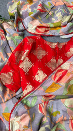Grey floral soft organza saree with banarasi blouse