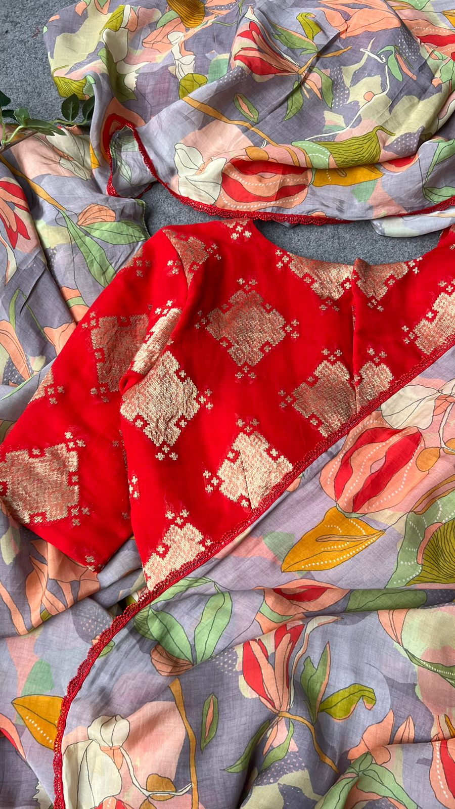 Grey floral soft organza saree with banarasi blouse
