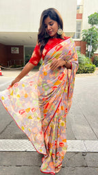 Grey floral soft organza saree with banarasi blouse